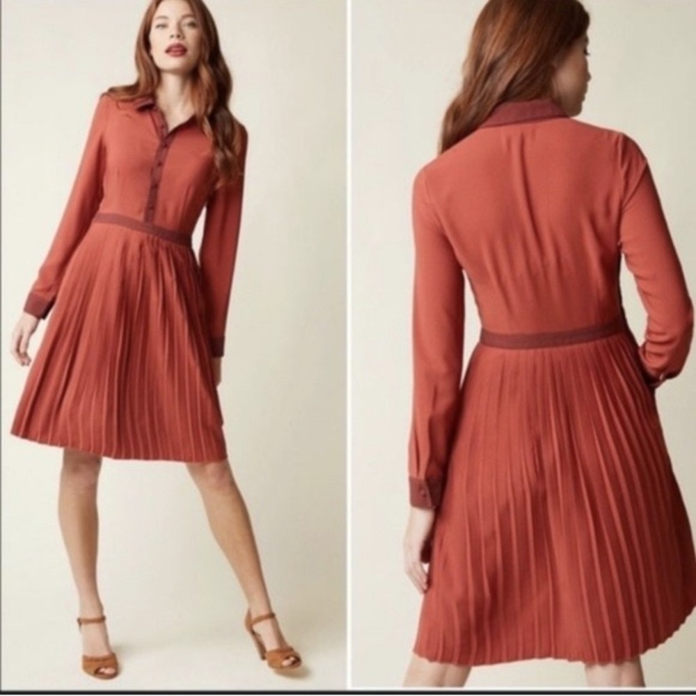 ModCloth Shirt Dress Small Rust Orange Pleated Long Sleeve Typist Academia